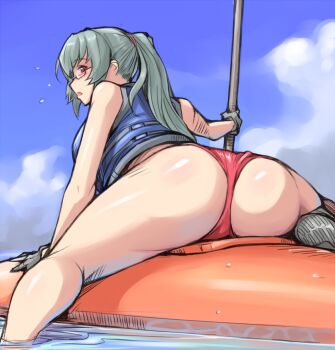 00s 1girl aged_up ass bespectacled bikini blush day female_focus glasses gloves kayak life_vest looking_back oar ponytail red_eyes rozen_maiden silver_hair sky solo suigintou swimsuit tsuda_nanafushi water