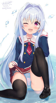 Rule 34 | 1girl, absurdres, black shoes, blue hair, blush, clothes lift, cube x cursed x curious, fear kubrick, hair intakes, hand up, highres, lifting own clothes, long hair, looking at viewer, necktie, ochinsama, one eye closed, open mouth, panties, red eyes, school uniform, shoes, side-tie panties, simple background, skirt, skirt lift, smile, striped clothes, striped panties, taishuu high school uniform, thighhighs, underwear, white background