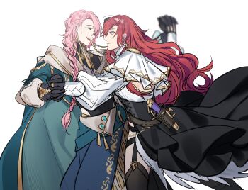 2boys :d ^_^ androgynous backless_shirt black_gloves black_leotard black_skirt black_thighhighs blue_cloak blue_robe braid braided_bangs chinese_commentary cloak closed_eyes cowboy_shot crossdressing crossdressing_(mtf) curtained_hair dancing earrings flower flower_earrings frilled_sleeves frills from_side garter_straps gloves gun guotang hair_between_eyes hair_flower hair_ornament hair_over_shoulder handgun heattech_leotard high-waist_skirt highres holding_hands holster hood hood_down hooded_cloak hyasha_(noctilucent) jewelry layered_sleeves leotard leotard_under_clothes long_hair long_skirt long_sleeves looking_at_another male_focus multiple_boys noctilucent:_before_dawn open_mouth parted_lips profile puffy_long_sleeves puffy_sleeves purple_eyes red_hair ribbon ribbon_earrings ring robe sen_(noctilucent) shirt short_over_long_sleeves short_sleeves side_slit simple_background single_braid skirt smile standing surprised tassel thighhighs trap turtleneck wavy_hair weapon white_background white_shirt yellow_ribbon