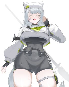 1girl absurdres animal_ears animal_hat arknights arknights:_endfield black_gloves blush bodysuit breasts closed_eyes covered_groin covered_navel estella_(arknights) facing_viewer fake_animal_ears fingerless_gloves gloves gluteal_fold grey_bodysuit grey_hair hand_up hat highres large_breasts long_sleeves open_mouth puffy_long_sleeves puffy_sleeves shirt simple_background solo spam_(spamham4506) tail white_background white_shirt