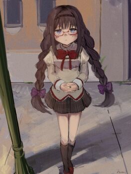 1girl absurdres akemi_homura black_hair black_hairband black_skirt black_socks bow bowtie braid child commentary hair_bow hairband highres interlocked_fingers jewelry long_hair looking_at_viewer mahou_shoujo_madoka_magica mahou_shoujo_madoka_magica_(anime) mitakihara_school_uniform nacky0610 outdoors own_hands_together purple_bow red-framed_eyewear red_bow red_bowtie ring school_uniform semi-rimless_eyewear signature skirt socks solo twin_braids under-rim_eyewear