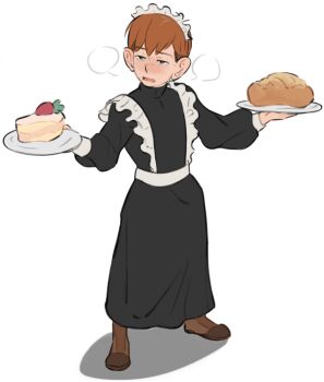 1boy alternate_costume black_dress black_eyes bread brown_hair cake cake_slice chilchuck_tims crossdressing crossdressing_(mtf) dress dungeon_meshi enmaided food freckles fruit halfling holding holding_plate maid maid_headdress male_focus male_maid plate puffy_sleeves sleeve_cuffs solo speech_bubble standing strawberry strawberry_shortcake wggyu