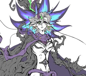 1girl branch colored_skin commentary diabell_queen_of_the_white_forest duel_monster earrings english_commentary grey_hair hat heterochromia highres jewelry looking_at_viewer pointy_ears purple_scarf scarf vincent_graphic_art white_skin witch_hat yu-gi-oh!