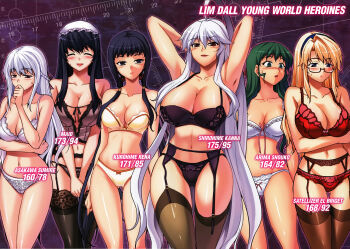 6+girls absurdres adjusting_hair ahoge arima_shouko asakawa_sumire black_garter_belt blush bow bra breast_envy breasts bust_chart bustier chart cleavage closed_eyes cross_make crossover dark_skin freezing_(series) garter_belt green_eyes green_hair hair_bobbles hair_bow hair_ornament headdress highres kim_kwang_hyun kurohime_rena large_breasts lee_soo-hyon lingerie long_hair maid_(phantom_king) measurements moonzero_(cdggam) multiple_girls official_art onihime_vs panties phantom_king purple_eyes purple_garter_belt purple_hair quad_tails red_eyes red_garter_belt satellizer_el_bridget shirohime_kanna smile thighhighs underwear very_long_hair zero_(series)