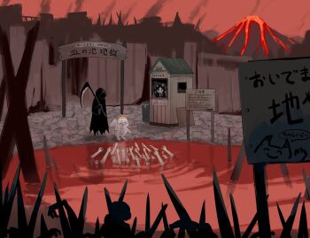 1other 2boys :d absurdres angel angel_wings avogado6 bag booth_seating commentary_request death_(entity) feeding halo hell highres holding holding_bag holding_scythe horns impaled jacket jitome long_sleeves multiple_boys open_mouth original pants scythe shoes sign smile spikes squatting translation_request volcano white_footwear white_jacket white_pants white_wings wings