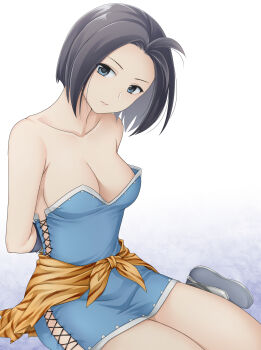 1girl arms_behind_back bare_shoulders black_hair blue_dress blue_eyes breasts cleavage collarbone dress gensou_suikoden gensou_suikoden_iv ham_pon head_tilt highres looking_at_viewer medium_breasts mizuki_(suikoden) ninja short_dress short_hair sitting sleeveless sleeveless_dress solo strapless strapless_dress