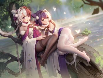 2girls ass azur_lane bare_shoulders black_legwear chao_ho_(azur_lane) chinese_clothes cone_hair_bun dress feet gold_hairband gold_trim hair_bun hair_horns hairband in_tree long_hair looking_at_viewer multicolored_hair multiple_girls no_shoes pantyhose print_sleeves purple_dress purple_eyes purple_hair sarena silver_hair sitting sitting_in_tree soles thighhighs tree two-tone_hair white_legwear ying_swei_(azur_lane)