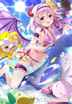 1girl animus_(z/x) bikini blue_sky copyright_notice demon_girl demon_horns demon_tail demon_wings flower frilled_thigh_strap hair_flower hair_ornament horns inflatable_dolphin inflatable_toy medium_hair nagayama_yuunon ocean official_art open_mouth outdoors pink_bikini pink_eyes pink_hair sky star_(symbol) star_hair_ornament straddling stuffed_animal stuffed_rabbit stuffed_toy sun swimsuit tail teddy_bear thigh_strap water_drop wings z/x
