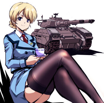Rule 34 | 1girl, anaheim electronics, black thighhighs, blonde hair, blue eyes, blue jacket, blue skirt, braid, closed mouth, collared shirt, commentary request, crossed legs, cup, darjeeling (girls und panzer), dress shirt, feet out of frame, garter straps, girls und panzer, gundam, gundam 0083, holding, holding saucer, jacket, kamisimo 90, legs, long sleeves, looking at viewer, military vehicle, motor vehicle, necktie, partial commentary, red necktie, revision, saucer, shirt, short hair, simple background, sitting, skirt, smile, solo, tank, teacup, thighhighs, thighs, type 61 (gundam), white background, white shirt