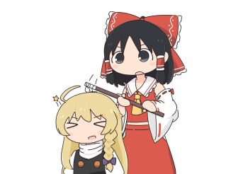 >_< 2girls ahoge alternate_costume ascot black_eyes black_hair blonde_hair bonk bow braid chibi chito_(shoujo_shuumatsu_ryokou) cosplay derivative_work detached_sleeves frilled_bow frilled_hair_tubes frills hair_bow hair_tubes hakurei_reimu hakurei_reimu_(cosplay) hashtag-only_commentary highres hitting kirisame_marisa kirisame_marisa_(cosplay) kokoda402989934 multiple_girls open_mouth parody red_bow ribbon-trimmed_sleeves ribbon_trim screenshot_redraw shoujo_shuumatsu_ryokou side_braid single_braid touhou tsukumizu_yuu_(style) v-shaped_eyebrows white_background yellow_ascot yuuri_(shoujo_shuumatsu_ryokou)