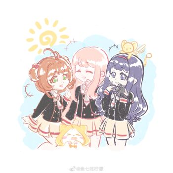 3girls ^_^ animal animal_on_head antenna_hair black_jacket blue_background brown_hair camcorder camera cardcaptor_sakura cat chibi chinese_commentary clenched_hand closed_eyes closed_mouth clothed_animal collared_shirt commentary_request cropped_legs crossover daidouji_tomoyo dot_nose ferret green_eyes grey_necktie grey_shirt hair_bobbles hair_intakes hair_ornament hairband hand_on_own_cheek hand_on_own_face hand_up happy highres holding holding_camera jacket kero_(cardcaptor_sakura) kinomoto_sakura laughing light_particles lips long_hair long_sleeves miniskirt momo_(nikki) multiple_girls necktie nikki_(nikki) nikki_(series) on_head open_mouth pink_hair pink_lips pleated_skirt purple_eyes purple_hair red_hairband school_uniform shining_nikki shirt short_hair_with_long_locks sidelocks single_stripe skirt smile sun_symbol swept_bangs tomoeda_elementary_school_uniform two-tone_background two_side_up very_long_hair video_camera watermark wavy_hair weibo_watermark white_background white_cat white_skirt winged_animal xiaoyu_qixing