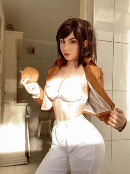 Rule 34 | 1girl, bra, bread, breasts, brown eyes, brown hair, cleavage, closed mouth, cosplay, fegalvao, female focus, food, highres, holding, holding food, indoors, jacket, large breasts, long hair, long sleeves, looking at viewer, matching hair/eyes, military jacket, open clothes, open jacket, pants, paradis military uniform, photo (medium), real life, red lips, sasha blouse, sasha blouse (cosplay), shingeki no kyojin, smile, solo, standing, survey corps (emblem), underwear, white bra, white pants