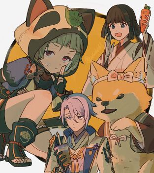 1boy 2girls animal_ears animal_hood arm_up armor artist_name black_eyes black_gloves black_shorts blue_hair blunt_bangs bow brown_hair bubble_tea carrot closed_mouth cup disposable_cup dog drinking_straw fake_animal_ears fingerless_gloves fishnets food genshin_impact gloves grey_hair hair_between_eyes hand_up hime_cut holding holding_cup holding_food hood hood_up jacket japanese_armor japanese_clothes kamisato_ayato kano_nana kimono lapels leaf leaf_on_head long_sleeves looking_at_viewer miko multiple_girls on_one_knee open_clothes open_jacket open_mouth parted_bangs parted_lips purple_eyes raccoon_ears ribbon-trimmed_sleeves ribbon_trim rope sayu_(genshin_impact) shiba_inu short_hair short_shorts shorts shoulder_armor shuriken sidelocks simple_background sode suitchi_(gn4othi61) sweatdrop swept_bangs taroumaru_(genshin_impact) tassel toes twitter_username v-shaped_eyebrows weapon white_background white_bow white_jacket white_kimono wide_sleeves yellow_background