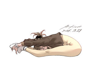 1girl breasts brown_hair closed_eyes flexible folded from_side full_body highres nabipenciller original ponytail sitting small_breasts socks solo stretching unitard