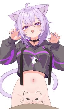 1girl absurdres ahoge animal_ear_fluff animal_ears black_choker black_hoodie blush bottomless cat_ears cat_girl cat_tail choker claw_pose clitoris cowboy_shot do_you_want_to_pet_my_cat_(meme) facing_viewer fingernails hands_up highres hololive hood hoodie looking_at_viewer meme milk_tea_1993 nail_polish navel nekomata_okayu nekomata_okayu_(1st_costume) no_panties no_pants purple_eyes purple_hair purple_nails pussy short_hair simple_background solo stomach table tail tongue tongue_out uncensored virtual_youtuber whiskers white_background