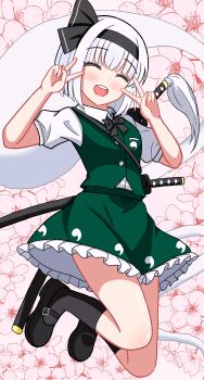 1girl absurdres anime_coloring black_bow black_bowtie black_hairband black_shoes black_socks blush bow bowtie closed_eyes closed_mouth commentary_request double_v floral_background frilled_skirt frills full_body ghost_print green_skirt green_vest hairband highres konpaku_youmu multiple_swords open_mouth pancetta_(twitter_1735264787037396992) shirt shoes short_hair short_sleeves skirt socks solo teeth touhou upper_teeth_only v vest white_hair white_shirt