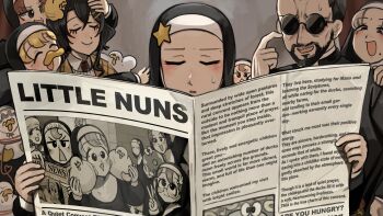 1boy 6+girls :d baby_animal beard bird black_hair blonde_hair brown_eyes brown_hair chicken closed_eyes clumsy_nun_(diva) commentary diva_(hyxpk) duck duckling english_commentary english_text eyelashes facial_hair fake_beak father_(diva) froggy_nun_(diva) grey_hair highres holding holding_newspaper hungry_nun_(diva) little_nuns_(diva) mole mole_under_mouth multiple_girls necktie newspaper nun open_mouth reading red_necktie reporter_(diva) round_eyewear smile smug_nun_(diva) star_nun_(diva) star_ornament sunglasses sweatdrop traditional_nun