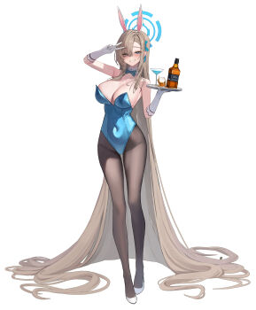 Rule 34 | 1girl, absurdly long hair, absurdres, andamiro, animal ears, arm up, asuna (blue archive), asuna (bunny) (blue archive), asymmetrical bangs, blue archive, blue bow, blue bowtie, blue halo, blue leotard, bow, bowtie, breasts, cocktail glass, commentary request, cup, detached collar, drinking glass, fake animal ears, full body, glass bottle, gloves, hair over one eye, halo, highleg, highleg leotard, highres, holding, holding tray, korean commentary, leotard, long hair, looking at viewer, official alternate costume, pantyhose, playboy bunny, rabbit ears, smile, solo, strapless, strapless leotard, thighband pantyhose, traditional bowtie, tray, v, very long hair, white background, white gloves