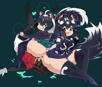 1boy 2girls :&gt; :d :q ahoge amazon_position animal_ears ass black_hair black_pants black_shirt black_sweater black_thighhighs breasts brown_eyes brown_hair closed_mouth commentary_request commission elbow_gloves femdom fingerless_gloves full_body gloves green_background green_eyes ground_pound hair_between_eyes hands_up heart highres huge_ass kemono_friends kemonokiller large_breasts leg_grab long_sleeves looking_at_viewer mixed-language_commentary multicolored_hair multiple_girls open_mouth panties pants plaid_clothes plaid_skirt pleated_skirt red_shirt shirt short_hair short_sleeves shorts simple_background sitting sitting_on_face sitting_on_person skirt skunk_ears skunk_girl skunk_tail smile spotted_skunk_(kemono_friends) striped_skunk_(kemono_friends) sweater tail thighhighs tongue tongue_out two-tone_hair underwear v-shaped_eyebrows white_gloves white_hair white_panties white_shorts wide_hips