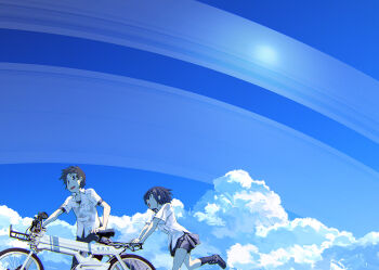 Rule 34 | 1boy, 1girl, bicycle, black hair, brown hair, cloud, collared shirt, day, looking at viewer, open mouth, original, pushing bicycle, running, scenery, school uniform, shirt, short hair, short sleeves, skirt, sky, tsukuba masahiro