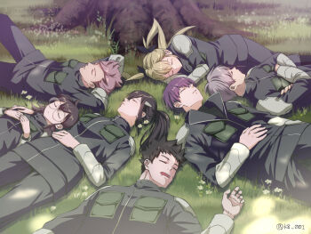 3girls 4boys :o arms_behind_head ashiro_mina black_hair black_ribbon blonde_hair breast_pocket brown_hair closed_eyes closed_mouth commentary_request crossed_arms dappled_sunlight drooling flower furuhashi_iharu glasses grass hair_ornament hair_ribbon hand_on_another&#039;s_shoulder hand_on_own_stomach hands_on_own_chest hibino_kafka hoshina_soshiro ichikawa_reno jacket k8_001 kaijuu_no._8 korean_commentary long_hair long_sleeves lying mouth_drool multiple_boys multiple_girls nature okonogi_konomi on_back on_grass on_ground on_side open_mouth outdoors pants pink_hair pocket ponytail purple_hair ribbon round_eyewear shade shinomiya_kikoru short_hair sleeping spiked_hair sunlight track_jacket track_pants track_suit tree twintails twitter_username white_hair zipper