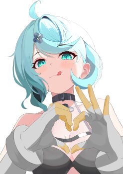 absurdres blue_eyes blue_hair collar excited flower gloves hair_flower hair_ornament heart heart_hands highres seed_(zenless_zone_zero) tongue white_gloves zenless_zone_zero