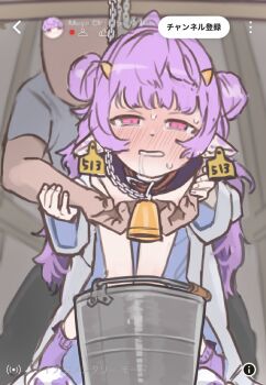 1boy 1girl bdsm bent_over blush bucket chain collar double_bun flat_chest hair_bun highres horns lab_coat leash livestream loli long_hair milking muu_muyu neck_bell nipples pet_play phase_connect pink_eyes purple_hair sabuakadeath slave small_horns socks sweat virtual_youtuber