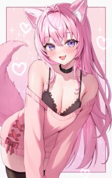 1girl :d animal_ears antenna_hair black_bra black_collar black_thighhighs bra breasts cleavage collar commentary_request crossed_bangs double-parted_bangs frilled_bra frills hair_between_eyes hakui_koyori highres hololive large_breasts leaning_forward long_hair long_sleeves mikumineko no_pants off_shoulder open_mouth pink_hair pink_sweater purple_eyes smile solo sweater tail thighhighs underwear very_long_hair virtual_youtuber wolf_ears wolf_girl wolf_tail