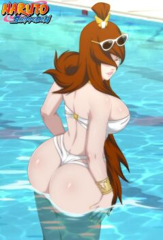 1girl ass breasts brown_hair eroticgeek2 highres large_breasts lipstick long_hair makeup naruto_(series) naruto_shippuuden pool solo swimsuit terumi_mei