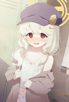 1girl @_@ akiyuki_nagi aoba_(blue_archive) bare_shoulders blonde_hair blue_archive blue_hat blush bow bow_camisole bow_panties box camisole cardboard_box collarbone flat_chest fluffy_hair grey_shirt hair_ornament hairclip halo hat highres indoors locker locker_room loli long_hair long_sleeves looking_at_viewer low_twintails midriff navel newsboy_cap nose_blush open_clothes open_mouth open_shirt panties parted_lips peaked_cap raised_eyebrows red_eyes shirt solo standing sweat tareme twintails underwear undressing wavy_hair wavy_mouth white_camisole white_panties yellow_halo