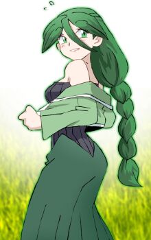 1girl ass blush braid breasts cheryl_(pokemon) dress from_behind grass green_dress green_eyes green_hair green_jacket green_theme grin jacket leaf long_hair long_sleeves looking_back medium_breasts nintendo onnaski pokemon pokemon_dppt removing_jacket single_braid smile standing strapless strapless_dress teeth