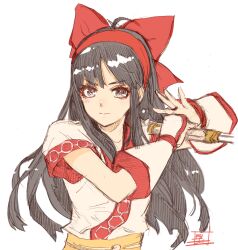 Rule 34 | 1girl, ainu clothes, artist name, black hair, breasts, fighting stance, fingerless gloves, gloves, grey eyes, hair ribbon, highres, long hair, looking at viewer, nakoruru, parted lips, pink lips, ribbon, samurai spirits, serious, small breasts, smile, snk, the king of fighters, traditional media