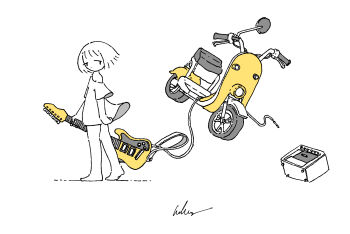 Rule 34 | 1girl, absurdres, amplifier, barefoot, cable, commentary, electric guitar, floating, floating object, from side, greyscale, guitar, highres, holding, holding guitar, holding instrument, instrument, kaduise, looking back, monochrome, motor vehicle, no pants, original, scooter, shirt, short hair, short sleeves, signature, solo, spot color, standing, t-shirt