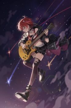 1girl absurdres belt black_belt black_boots black_choker black_jacket black_shoes black_thighhighs blue_eyes boots chain chain_necklace choker electric_guitar facial_mark fingernails full_body guitar hair_ornament hano9789 highres holding holding_guitar holding_instrument idolmaster idolmaster_million_live! idolmaster_million_live!_theater_days instrument jacket jewelry julia_(idolmaster) julia_(meteor_bright_star)_(idolmaster) midriff navel necklace o-ring o-ring_choker official_alternate_costume overskirt print_tank_top red_hair red_tank_top shoes shooting_star short_hair solo space star_(symbol) star_facial_mark star_hair_ornament tank_top thighhighs torn_clothes torn_thighhighs