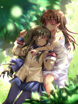 2girls black_pantyhose blazer blue_skirt blush brown_hair chinese_commentary clannad closed_eyes closed_mouth commentary_request dappled_sunlight day dress dutch_angle feet_out_of_frame from_above girl_from_the_illusionary_world grass green_hair hair_between_eyes hands_up highres hikarizaka_private_high_school_uniform hug hug_from_behind ibuki_fuuko jacket light_particles lliissaawwuu2 long_hair long_sleeves lying miniskirt multiple_girls on_back on_ground on_side outdoors pantyhose parted_lips pleated_skirt sailor_collar school_uniform serafuku sidelocks skirt sleeveless sleeveless_dress smile spaghetti_strap split_mouth sundress sunlight tareme very_long_hair white_dress white_sailor_collar yellow_eyes yellow_jacket