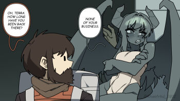 1boy backpack bag bare_shoulders beard blush breasts brown_hair claws colored_sclera colored_skin crossed_arms demon_girl demon_horns demon_wings dress english_text facial_hair gargoyle grey_hair grey_horns grey_sclera grey_skin highres horns junkzero looking_at_another looking_to_the_side monster_girl original pointy_ears sharp_teeth solid_oval_eyes speech_bubble teeth terra_(gomulgong) white_dress wings