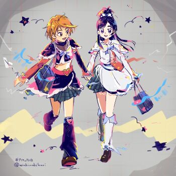 2girls aoizumi_(eichinohikari) arm_warmers bag bag_charm belt belt_buckle black_arm_warmers black_leg_warmers black_shirt black_skirt blazer blue_bag bow bowtie brown_hair brown_shoes buckle charm_(object) cropped_shirt cure_black cure_white dress earrings frilled_arm_warmers frilled_skirt frilled_sleeves frills full_body futari_wa_precure grey_background grey_skirt grid_background hair_bow hair_ornament happy heart heart-shaped_buckle heart_earrings heart_hair_ornament high_ponytail highres holding holding_bag holding_hands jacket jewelry lace lace-trimmed_dress lace_trim layered_skirt layered_sleeves leg_warmers long_sleeves looking_at_another magical_girl medium_hair midriff misumi_nagisa multiple_girls notice_lines pink_belt plaid_clothes plaid_skirt pleated_skirt ponytail precure purple_hair red_jacket school_bag school_uniform shirt shoes short_dress short_ponytail short_sleeves single_arm_warmer skirt split_ponytail star_(symbol) swept_bangs transformation turtleneck turtleneck_shirt twitter_username uwabaki verone_gakuin_school_uniform walking white_arm_warmers white_bow white_bowtie white_dress white_leg_warmers yukishiro_honoka