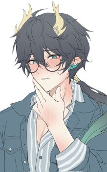 Rule 34 | 1boy, arm up, bespectacled, blue jacket, blush, collared shirt, commentary, dan heng (honkai: star rail), dan heng (permansor terrae) (honkai: star rail), double-parted bangs, dragon horns, ear covers, embarrassed, eyeliner, glasses, green eyes, hair between eyes, hand on own chin, highres, honkai: star rail, honkai (series), horns, jacket, layered sleeves, long hair, makeup, male focus, neck blush, open clothes, open collar, open jacket, pointy ears, ponytail, red eyeliner, sasa234, shirt, simple background, single ear cover, solo, striped clothes, striped shirt, symbol-only commentary, upper body, white background, wing collar, yellow horns