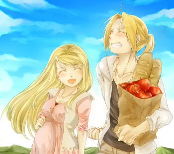 1boy 1girl al13 apple bag baguette blonde_hair blush bread breasts carrying_bag cleavage closed_eyes dress edward_elric food fruit fullmetal_alchemist medium_breasts open_mouth paper_bag pink_dress pregnant scar smile vanilla winry_rockbell