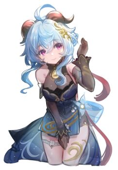 1girl bare_shoulders bell black_dress black_gloves blue_dress blue_hair breasts commentary_request detached_sleeves dress ganyu_(genshin_impact) ganyu_(twilight_blossom)_(genshin_impact) genshin_impact gloves goat_horns gradient_clothes gradient_dress hair_ornament highres horns neck_bell official_alternate_costume official_alternate_hairstyle purple_eyes see-through_cleavage see-through_clothes sideless_dress sleeveless sleeveless_dress solo starry_babe vision_(genshin_impact)