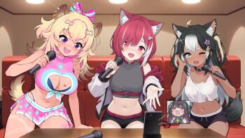 4girls absurdres ahoge animal_ear_fluff animal_ears belly black_hair blonde_hair bow breasts cat_ears ceiling ceiling_light cellphone commission commissioner_upload couch dog_tail ear_piercing eroneko_senpai eyebrows_hidden_by_hair eyelashes green_eyes hair_bow hair_ornament hair_ribbon hairclip highres karaoke long_hair lyko_lianna microphone multicolored_hair multiple_girls music navel one_eye_closed open_mouth pants phone piercing pink_eyes poma_pon purple_eyes rara_rocora red_hair ribbon short_hair shorts singing skirt smartphone star_(symbol) star_hair_ornament tail teeth terra_404 tongue v4mirai virtual_youtuber wink x_hair_ornament