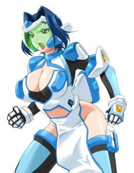1girl armor blue_hair blue_thighhighs breasts cleavage cleavage_cutout clenched_hands clothing_cutout face_shield game_cg gan-chan_(artist) green_eyes hair_intakes hishidou_aiko hitozuma_sentai_aisaiger large_breasts large_variant_set lipstick magical_girl makeup mole mole_under_mouth no_panties non-web_source official_art open_mouth pelvic_curtain saiger_iris short_hair solo thighhighs transparent_background variant_set