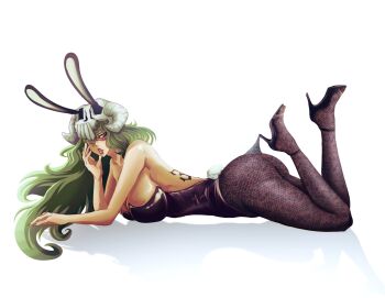 1girl animal_ears back_tattoo bare_shoulders bleach collarbone espada facial_mark fake_animal_ears fake_tail female_focus green_hair lace_pantyhose_hooked_on_heel_(meme) leotard long_hair lying mask mask_on_head nelliel_tu_odelschwanck number_tattoo on_stomach parted_lips playboy_bunny simple_background skull_on_head strapless strapless_leotard tail tattoo veeepawoon white_background