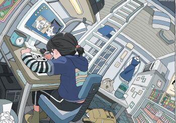 1girl analog_clock backpack bag black_pants bookshelf chair clock computer computer_keyboard cup desk drawing_(action) drinking_glass glasses hair_bobbles hair_ornament highres holding holding_pen hood hood_down indoors jacket ladder layered_sleeves loft_bed long_sleeves manga_(object) microwave monitor nib_pen_(object) onoconokoko0625 original pants pen ponytail refrigerator scenery shirt short-sleeved_jacket short_over_long_sleeves short_ponytail short_sleeves sitting slippers socks solo striped_clothes striped_shirt sweatpants swivel_chair trash_can unworn_bag window