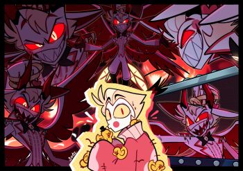1boy angel angel_wings blonde_hair commentary_request demon_boy demon_horns formal_clothes hair_slicked_back hashtag-only_commentary hazbin_hotel hellaverse highres horns lucifer_morningstar_(hazbin_hotel) male_focus sharp_teeth slit_pupils snazyros solo suit teeth wings