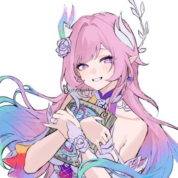 1girl book bunnyoki collarbone commentary cyrene_(honkai:_star_rail) cyrene_(ripples_of_past_reverie)_(honkai:_star_rail) diamond-shaped_pupils diamond_(shape) dress english_commentary flower hair_flower hair_ornament heart_ring highres holding holding_book honkai:_star_rail honkai_(series) jewelry multicolored_hair pink_hair pink_pupils pointy_ears purple_eyes purple_flower purple_rose ring rose simple_background smile solo symbol-shaped_pupils twitter_username upper_body white_background white_dress