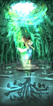 Rule 34 | 1girl, barefoot, blonde hair, blue skirt, blue vest, commentary request, different reflection, googly eyes, hat, highres, light rays, long hair, mangrove, moriya suwako, moyazou (kitaguni moyashi seizoujo), plant, reflection, shirt, skirt, touhou, vest, vines, water, white shirt, yellow eyes