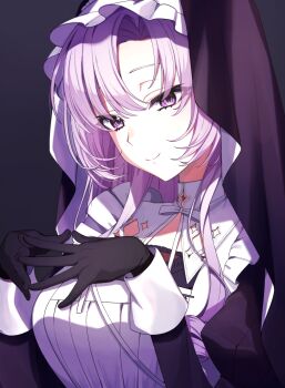 1girl absurdres breasts closed_mouth eyelashes hashtag-only_commentary highres hyakumantenbara_salome hyakumantenbara_salome_(4th_costume) large_breasts long_hair nijisanji omega_2_5 purple_eyes purple_hair simple_background smile solo upper_body virtual_youtuber