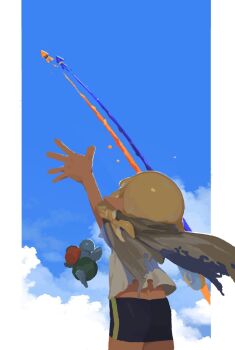1girl 2others agent_3_(splatoon_3) animal arm_up bike_shorts black_shorts blonde_hair blue_sky border braid brown_cape cape cloud cloudy_sky commentary_request cowboy_shot facing_away from_behind highres inkling_(swim_form) inkling_girl inkling_player_character jumping long_hair midriff_peek multiple_others nintendo outside_border pillarboxed pointy_ears salmonid shirt shorts single_braid sky smallfry_(splatoon) splatoon_(series) splatoon_1 splatoon_3 squid sumi_ko888 tentacle_hair torn_cape torn_clothes torn_shirt waving white_border white_shirt