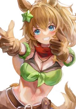 1girl animal_ears armband bandana bandeau bare_shoulders blue_eyes blush breasts brown_gloves brown_hair cleavage colt_single_action_army commentary_request cowboy_hat double_finger_gun finger_gun gloves green_armband green_bandeau grin gun hair_ornament handgun hat hat_on_back highres holstered horse_ears horse_girl horse_tail large_breasts long_hair looking_at_viewer midriff navel open_mouth ponytail red_bandana revolver sheriff_badge skirt smile solo star_(symbol) star_hair_ornament taiki_shuttle_(umamusume) taiki_shuttle_(wild_frontier)_(umamusume) tail teeth umamusume weapon yoshiaki_(yosiaki_ml)